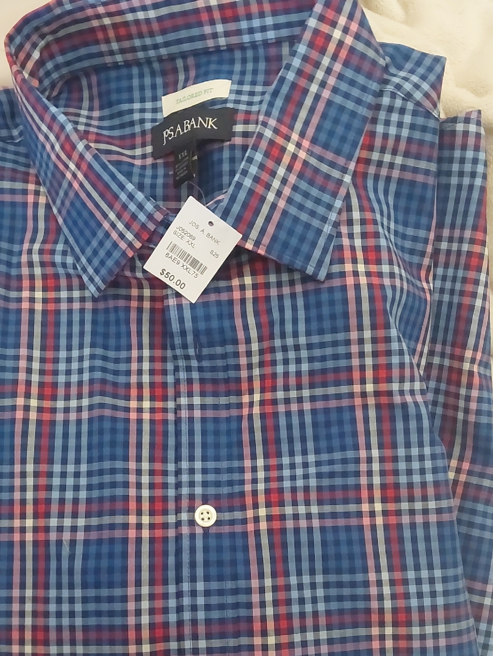 Jos. A. Bank Men's Blue Plaid Button-Down Shirt with Red Accents